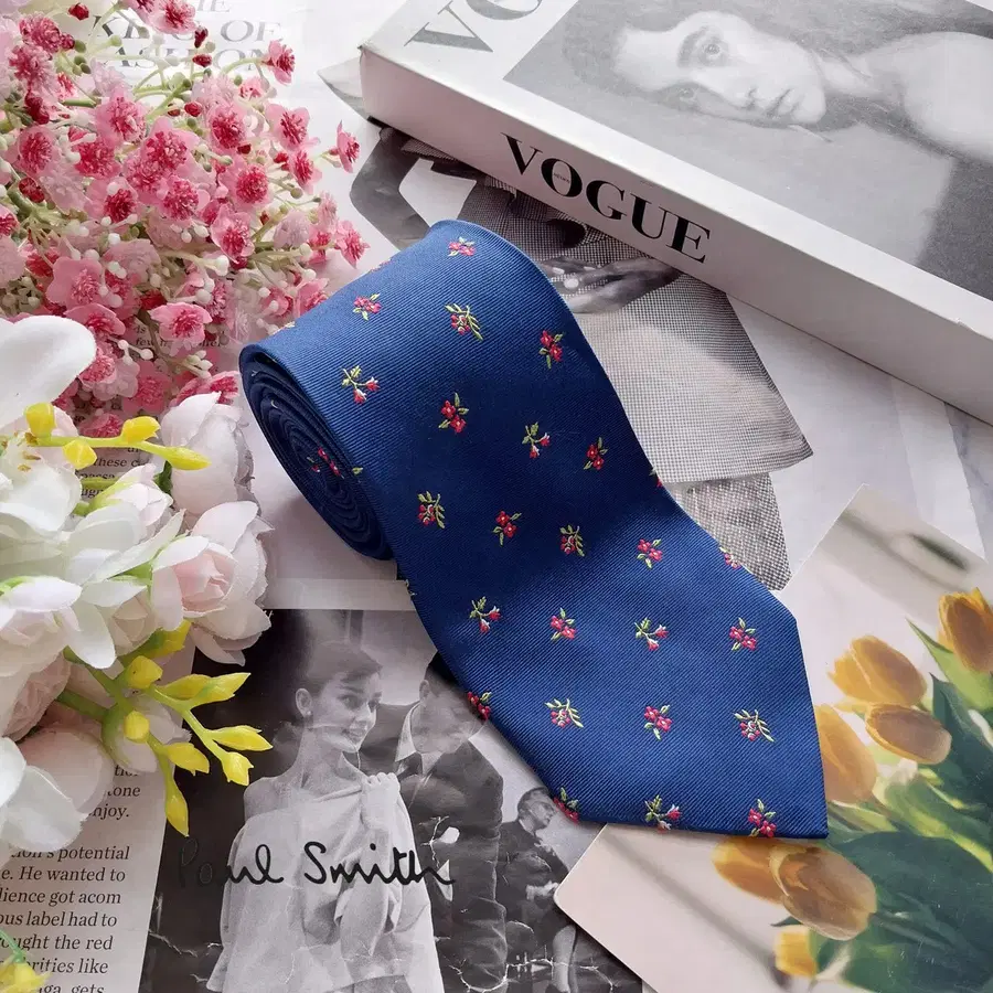 PAUL SMITH 폴 스미스 실크 블루 플라워 자수 넥타이 8.3cm A+등급 K3444