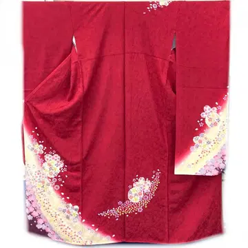 중고 후리소데 단품 순수 실크 적색 계열 꽃 무늬 B급 상품 약간의 변색 및 얼룩 있음 후리소데