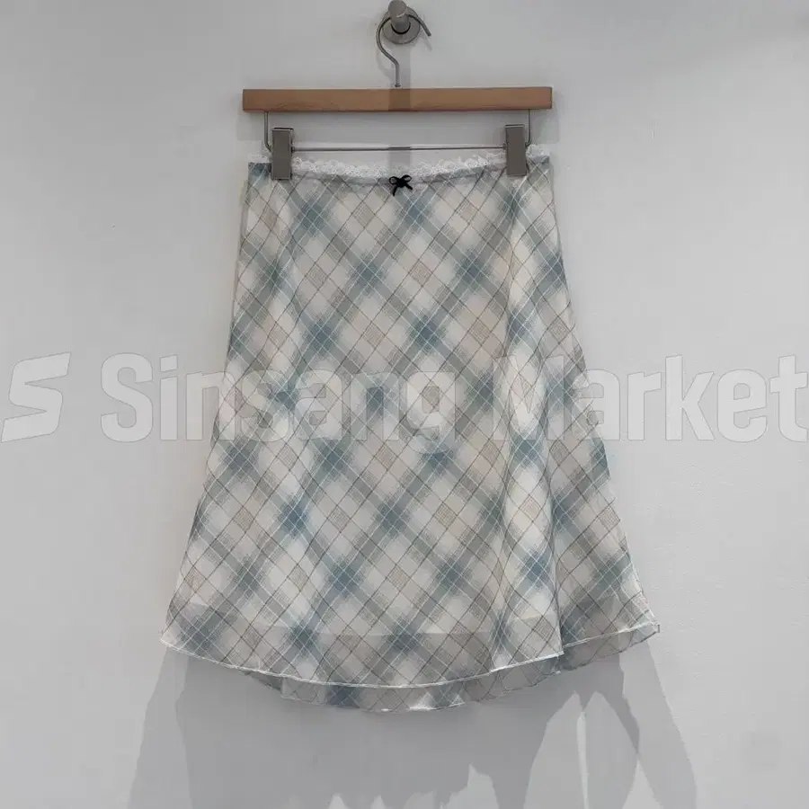 [빠른발송] 쉬폰 체크 치마 레이스 도트 밴딩 미디 스커트 리본 플레어