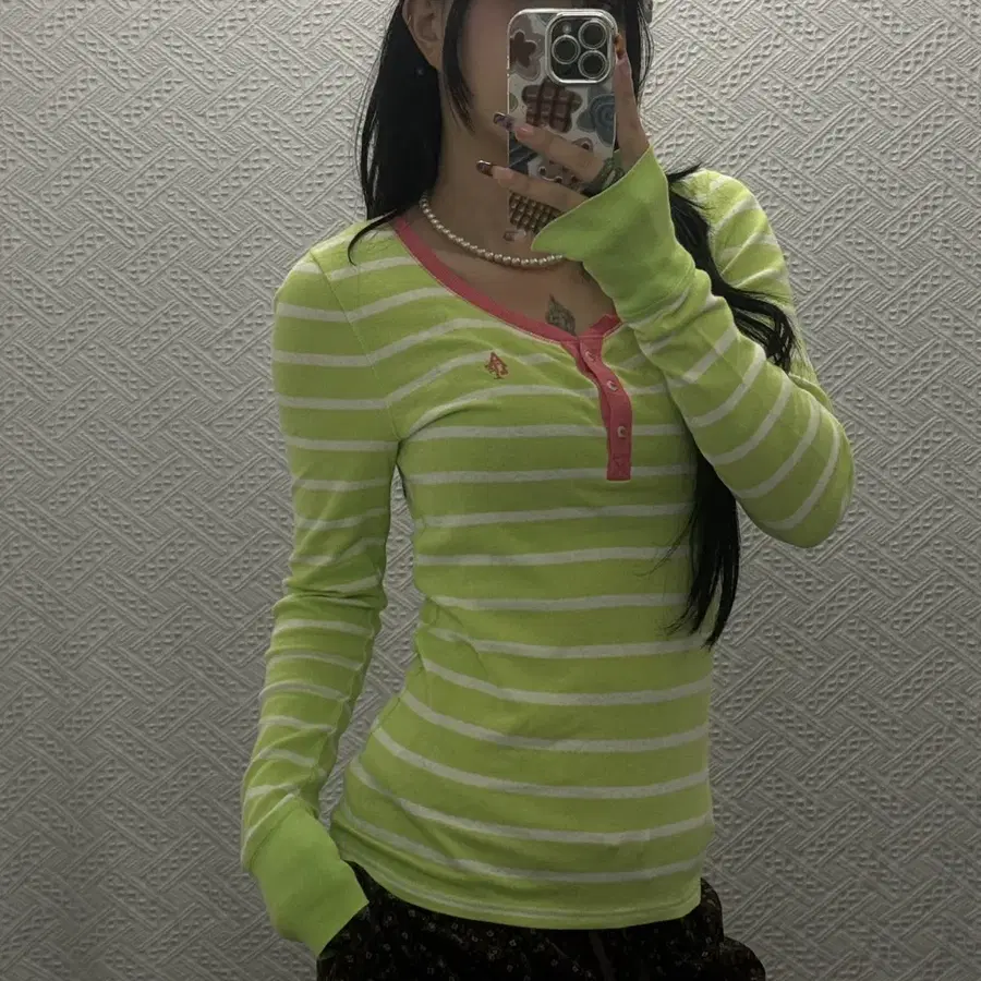 아베크롬비 희귀 Y2K 00's 갸루 스트라이프 핑크그린 딱붙핏 롱슬리브 K0619