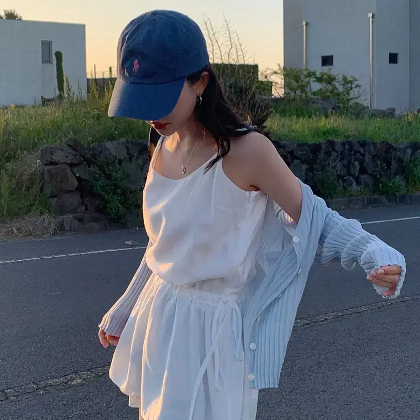 레이어드 실키 스트링 나시 블라우스 원피스