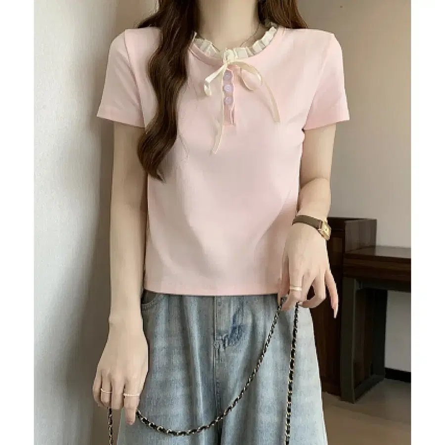 [새상품/6,000원] 핑크 프릴 리본 루즈핏 크롭 반팔티셔츠