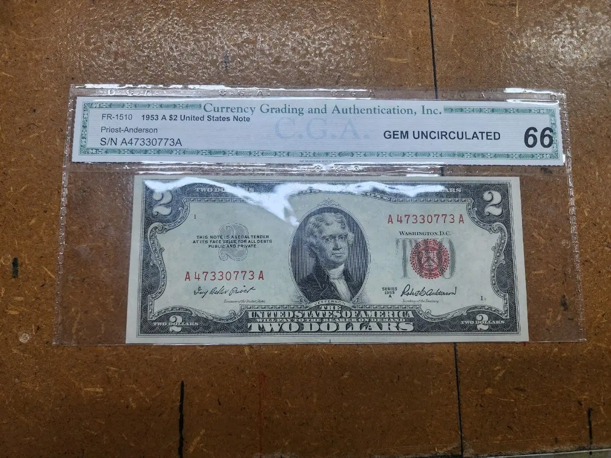 1953년 $2 미국 지폐 G.G.A. 66 등급