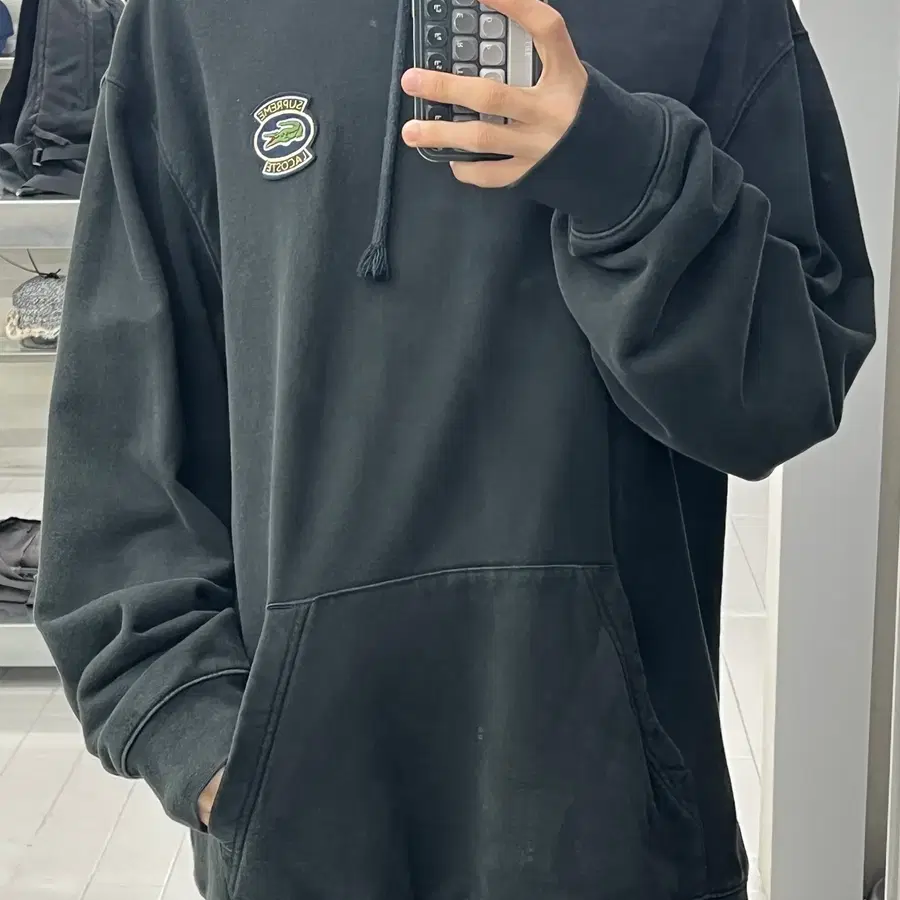 (XL) 슈프림 x 라코스테 크레스트 로고 후드티 블랙