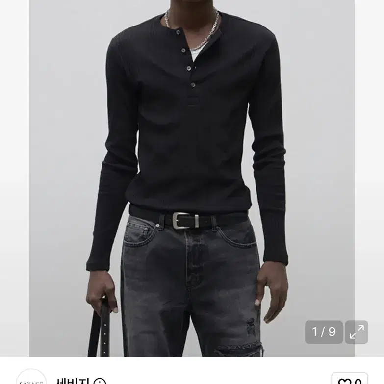 구해요) 세비지 긴소매 헨리넥 저지 티셔츠 블랙 L