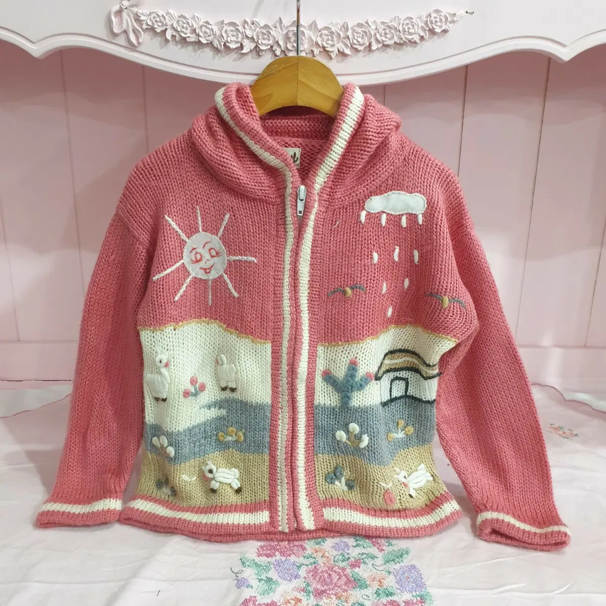 100 티티카카아동용 핑크색 자수 패턴 후드 집업