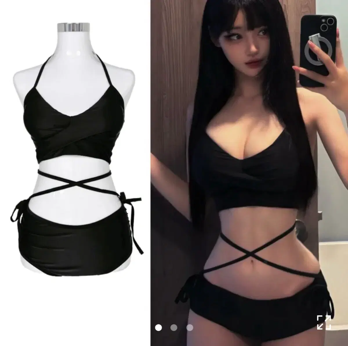 이지블랙 볼륨 크로스 꼬임 스트랩 크롭 셔링 비키니