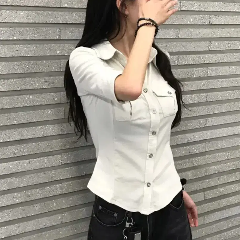 포켓 슬림 7부 셔츠 슬림핏 밑단굴림 셔츠티