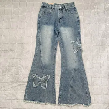 Y2K 버터플라이 패치 프린지 플레어 데님 데님 팬츠 나비 워시 가공