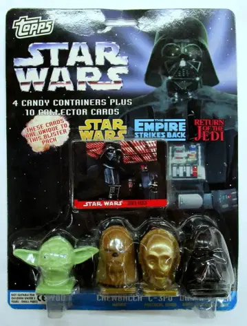 TOPPS 4 CANDY CONTAINERS PLUS 10 COLLECTOR CARDS YODA / CHEWBACCA / C-3PO / DARTH VADER