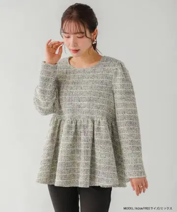 [ 미사용 새상품 ] 핏모어 트위드 백 벨로아 리본 페플럼 상의 믹스