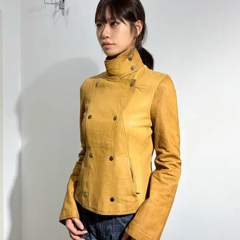 00s EMPORIO ARMANI 아카이브 레더 가죽 나폴레옹 하이넥 자켓