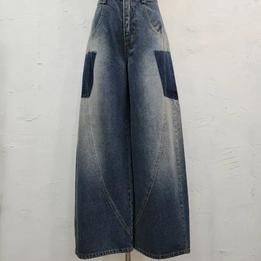 와이드 핏 데님 팬츠 청색