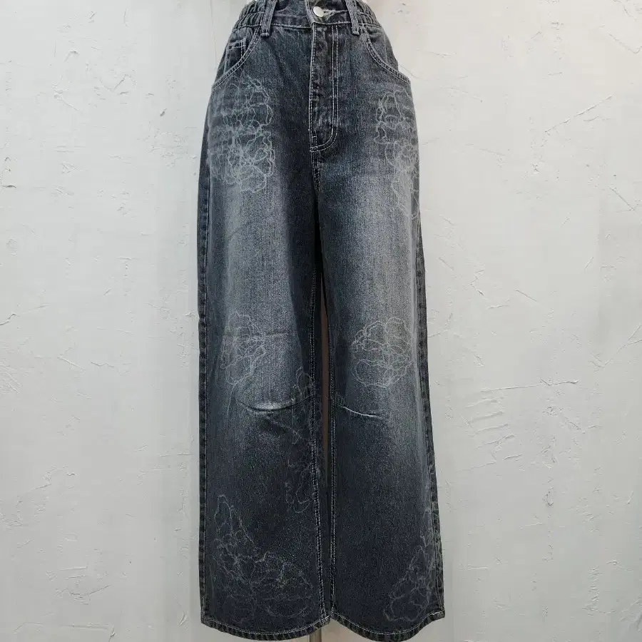 청바지 와이드 데님 꽃 프린팅