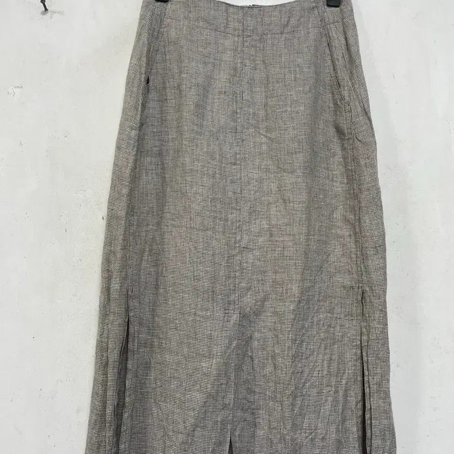N6953 린넨 체크 롱 스커트.앞트임