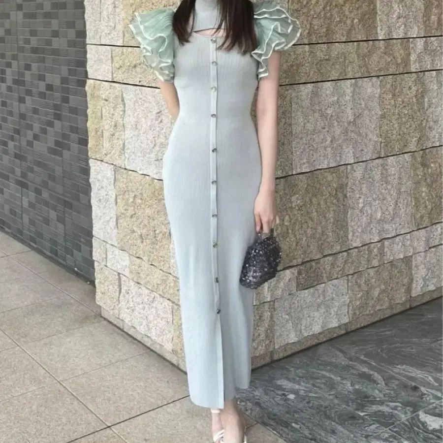 착샷O) rienda 플리츠 플레어 니트 롱 원피스 그린 스나계 참전복 양산형 일브 grl snidel