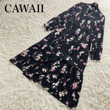 cawaii 피어나는 꽃의 티어드 롱 원피스 S~2L 블랙 꽃무늬