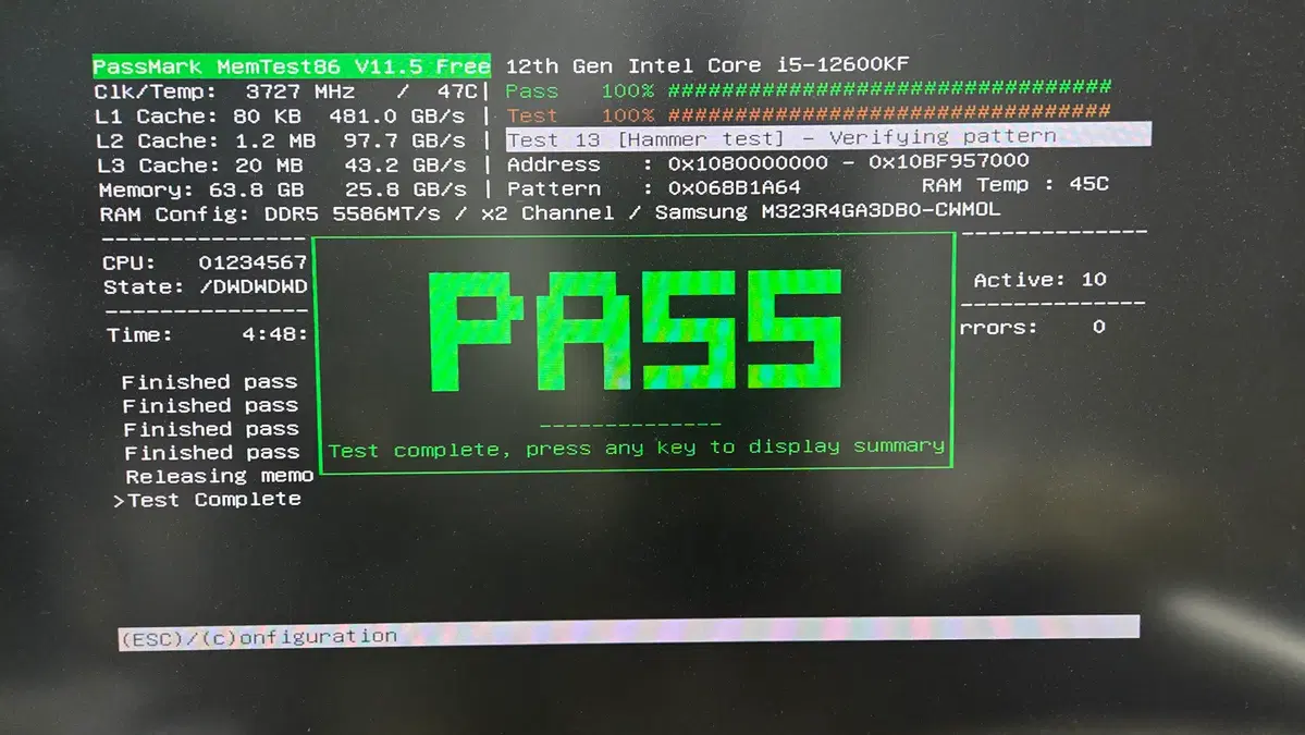 DDR5 5600 32GB 메모리 2개가 1세트 memtest86 pass