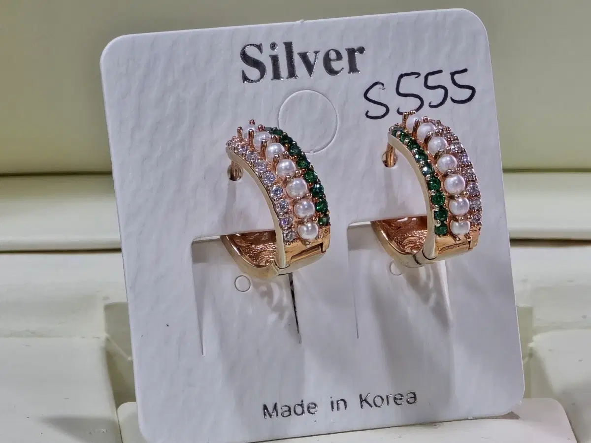 실버침 원터치 S555 진주 그린큐빅 링 귀걸이