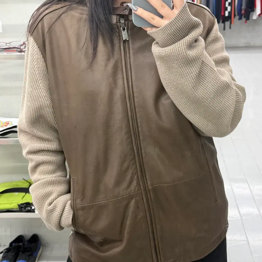(XL) 토라스 빈티지 레더 패널 하이브리드 니트 가디건 자켓
