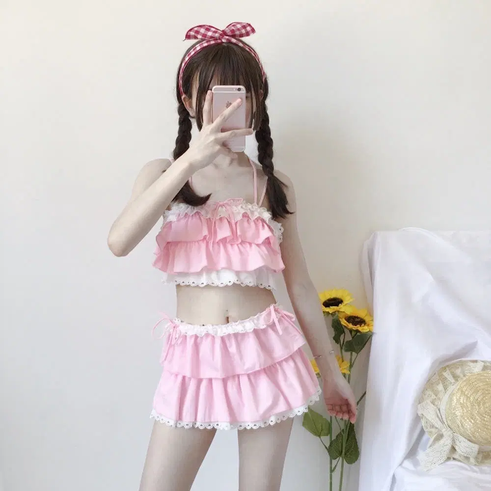 양산형 지뢰계 핑크 리본 투피스 수영복 히메갸루 일본 빈티지 하라주쿠 피움 리즈리사 로지타 디마럽 디어마이러브 비키니 투피스