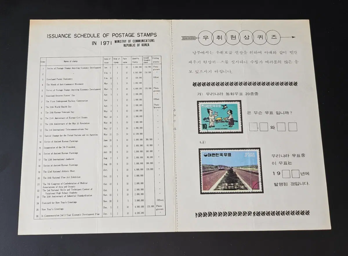 1971년도 새우표 발행 계획표 안내카드
