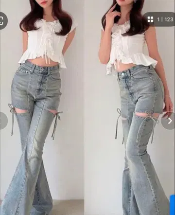 RESEXXY 컷 아웃 리본 데님 팬츠 아이스 블루