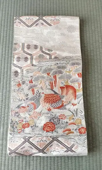순수 실크 후쿠로 오비 봉황 길상 문양 육통 실버 화이트 포멀