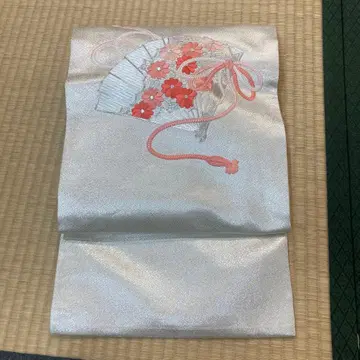 나고야 오비 은색 바탕 부채 문양 꽃 자수 순수 실크