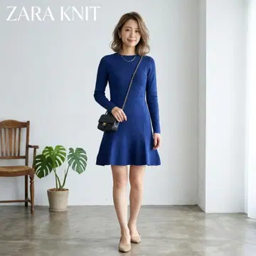 자라 니트 원피스 블루 L 사이즈 플레어 긴팔 A라인 ZARA