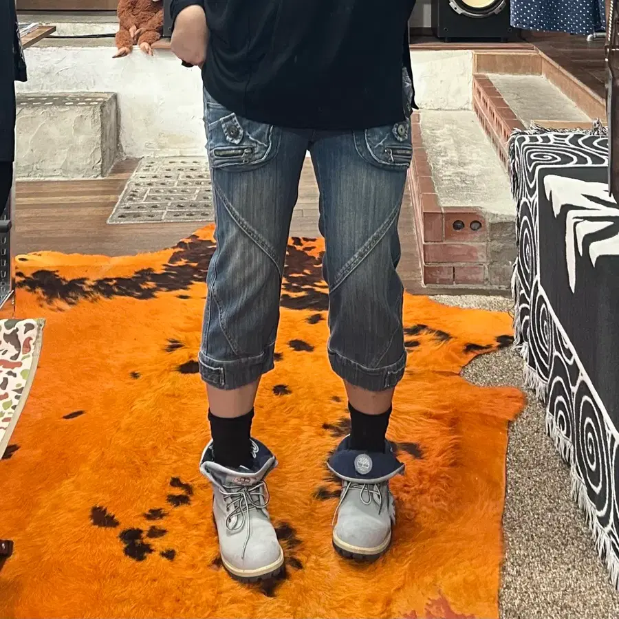 빈티지 카고 포켓 데님 카프리 팬츠
