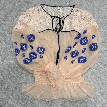 SNIDEL 긴팔 블라우스 자수 레이스 시어 핑크 베이지 비침 F