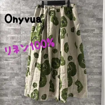 오니바 린넨 100% 롱 플레어 스커트 꽃무늬 린넨 안감 부착 허리밴딩