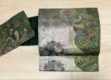 나고야 오비 니시진 비단 화문 오시도리 유수 짙은 녹색 순수 실크 중고 yzk1075