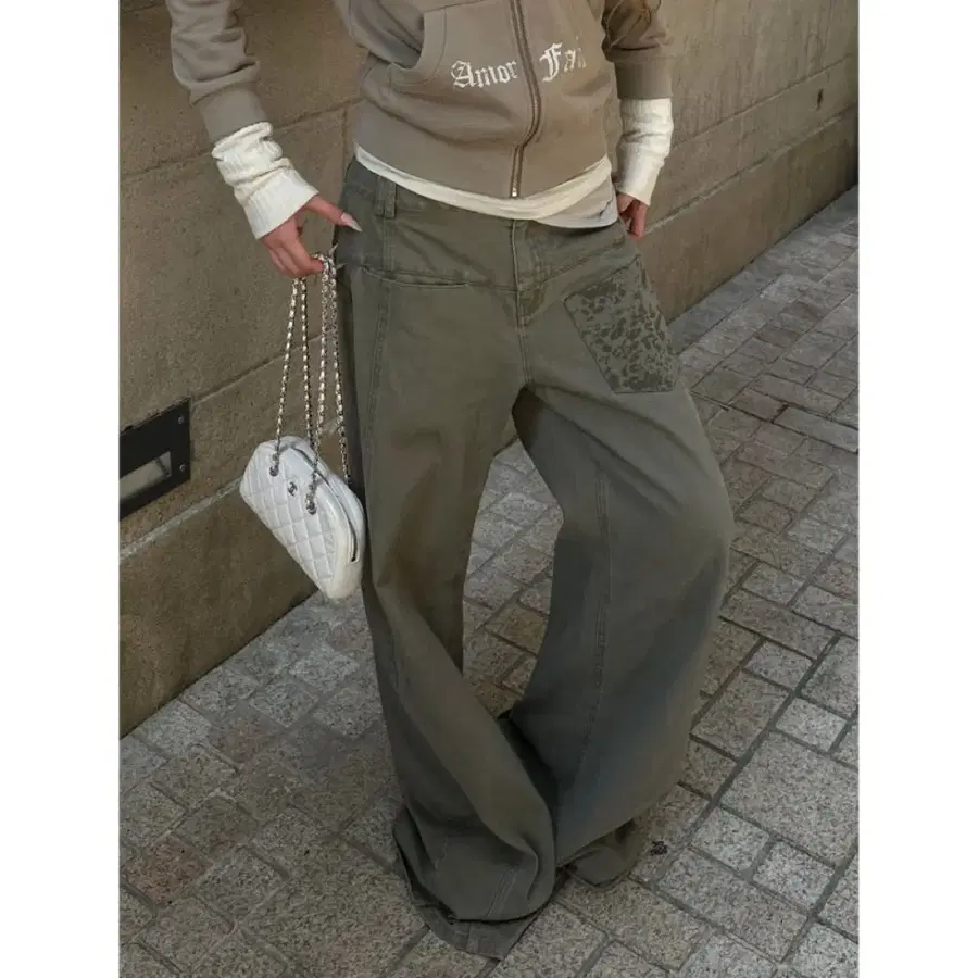 RASE LE SOL 팬츠 바지 밀리터리 그린 Leopard Pocket 스트레이트진