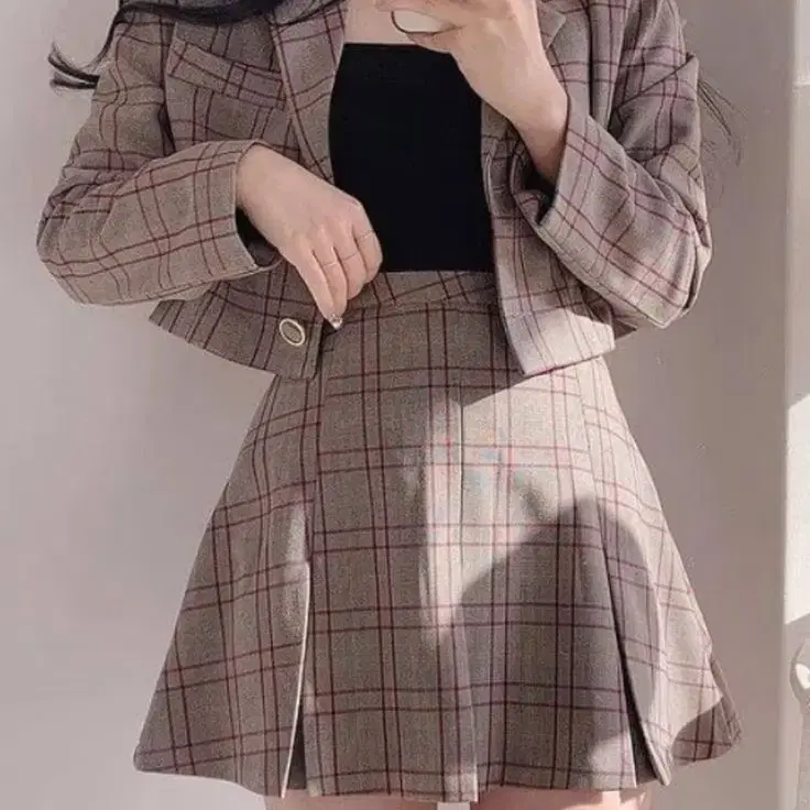 브라운 체크 자켓 + 스커트 셋업 투피스