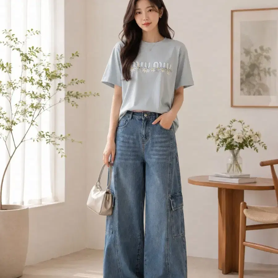 꽃자수 반팔 티셔츠 하늘색