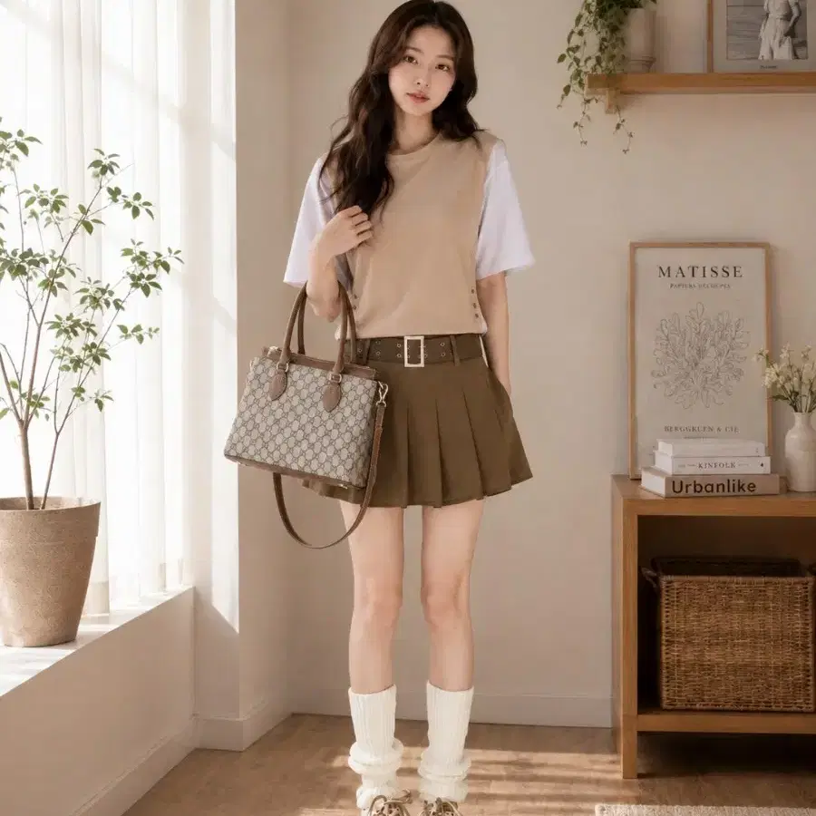 베이지/화이트 배색 반팔 티셔츠