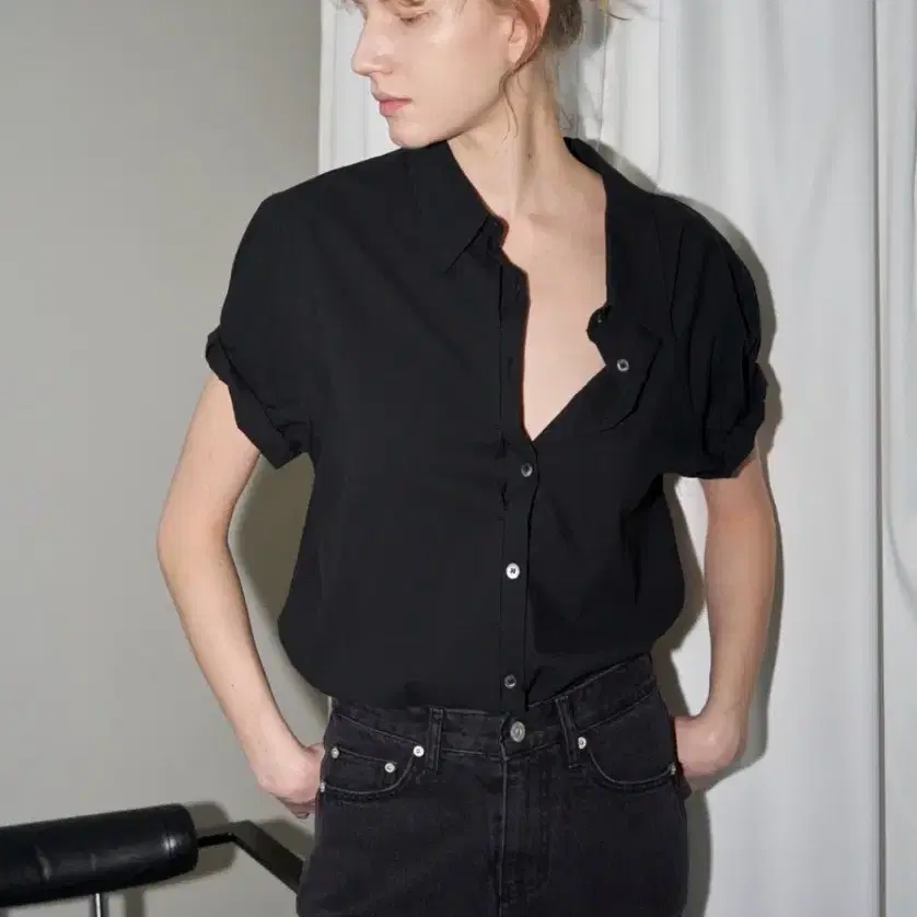 108파운드 Light Cotton Half Shirt_Black 셔츠