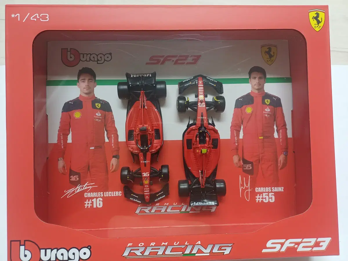 1:43 브라고 액자형 페라리 F1 SF-23 No.16 / No.55 2023 시즌 - 샤를 르끌레 / 카를로 사인츠 (2대 세트) 레어템 미개봉 새상품
