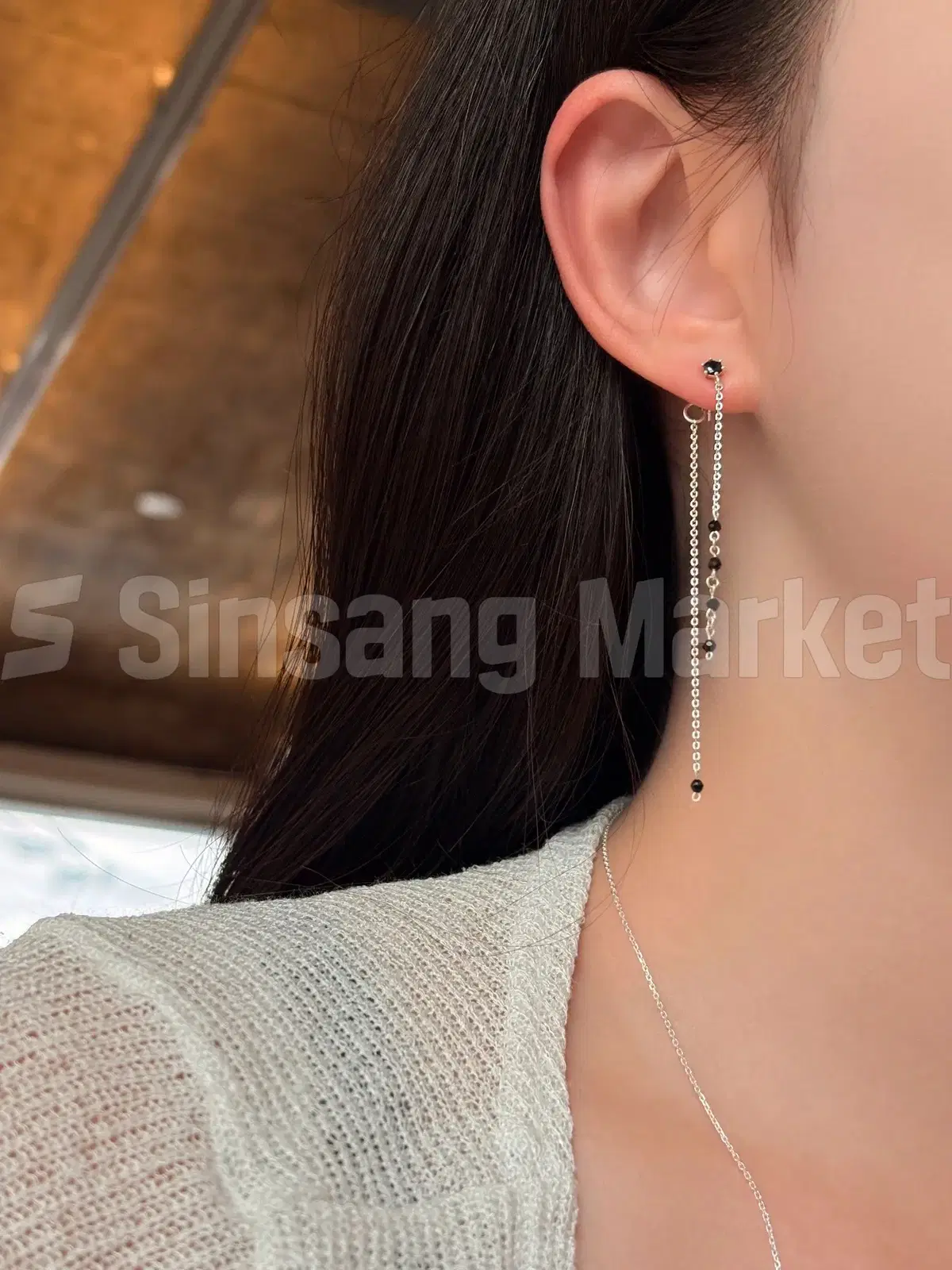 [빠른발송] 실버925 큐빅 드롭 체인 귀걸이 은침 포인르 롱 은귀걸이