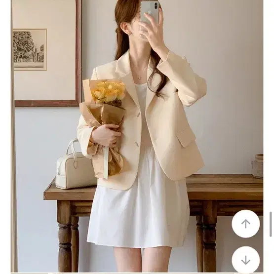 아뜨랑스 크림 옐로우 레몬 자켓 세미크롭자켓 골드 스틱 싱글 자켓