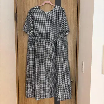 깅엄 체크 패턴 반팔 셔츠 원피스 롱 기장