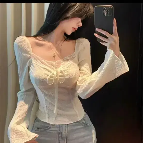 닛코리 레이스 리본 스퀘어넥 긴팔 살안타 블라우스