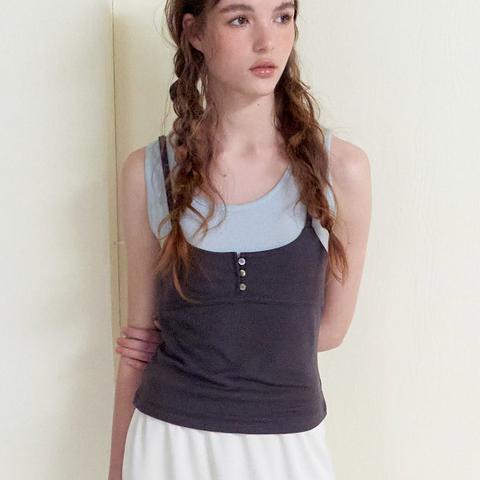 에트몽 etmon Color Layered Ribbed Top, Charcoal 레이어드 슬리브리스
