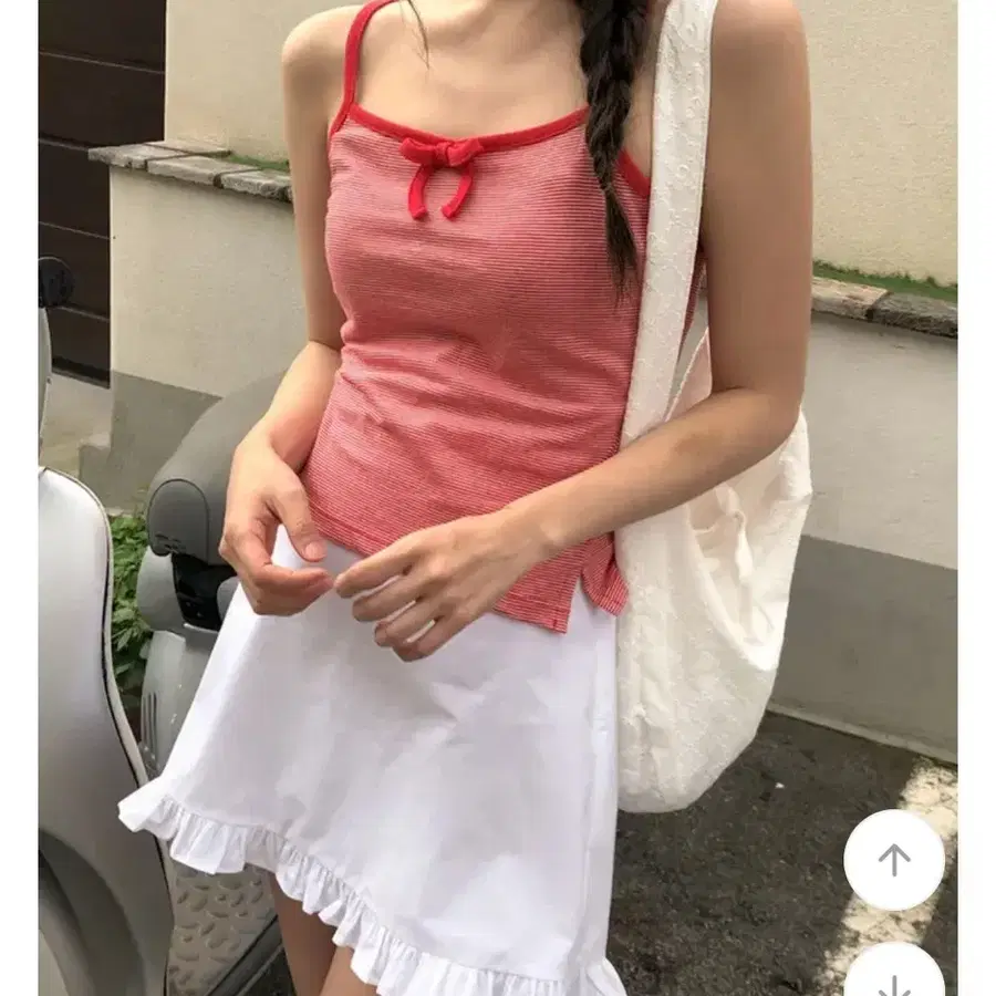 made 리본 스트라이프 줄무늬 슬리브리스 나시 레드 배색