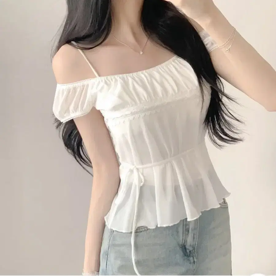 에겐녀 청순 끈 시스루 쉬폰 퍼프 오프숄더 블라우스 화이트 끈 타이
