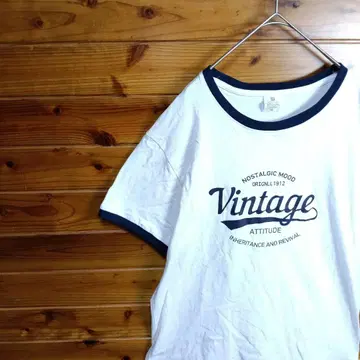 링거T셔츠 반팔T셔츠 링거넥 영문 vintage 화이트 네이비 M