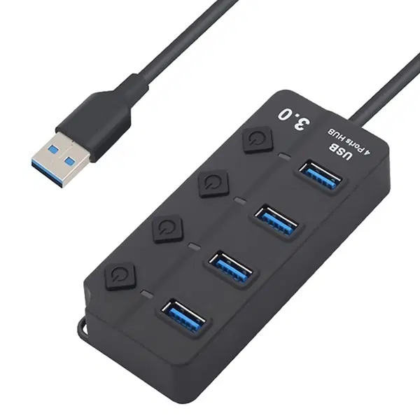 4포트 USB3.0 유무전원 허브 블랙 (개별스위치, 아답터포함)