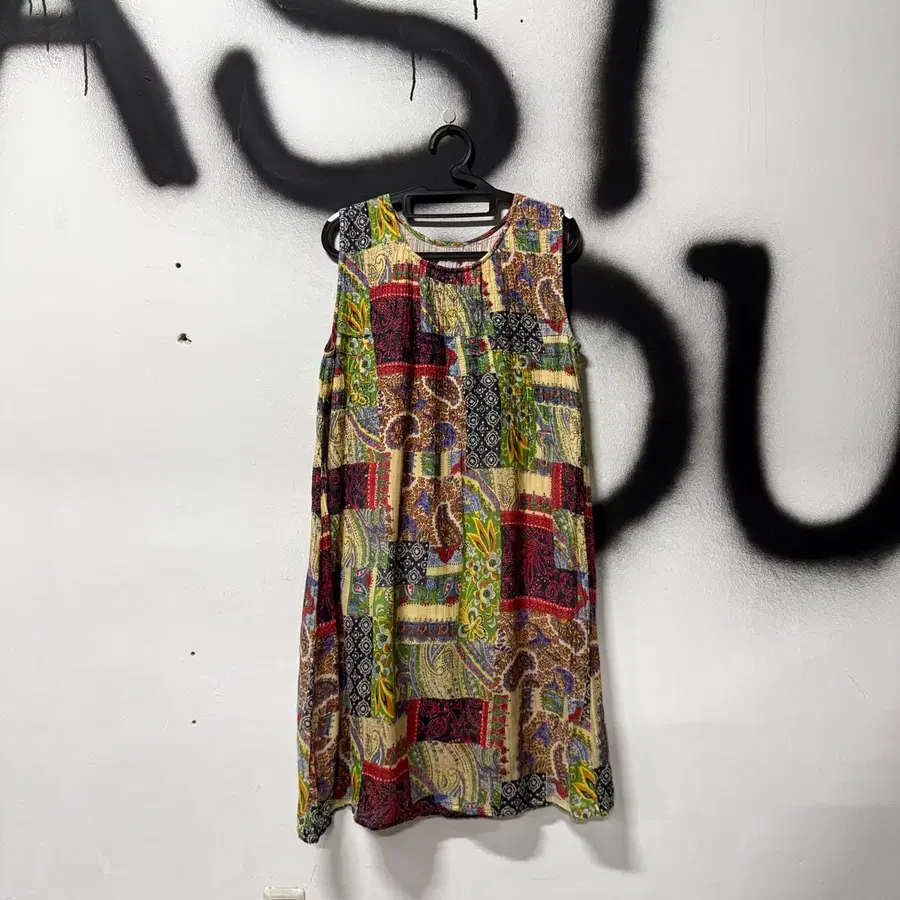 VTG 빈티지 히피 에스닉 멀티 패턴 패치워크 슬리브리스 원피스